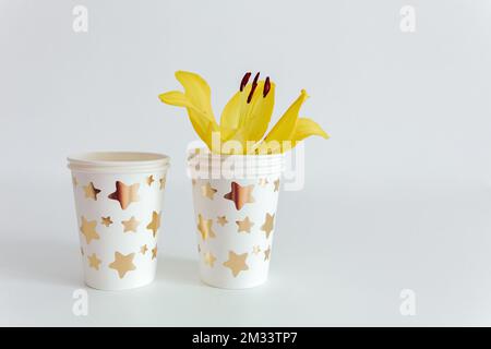 White paper disposable cup. Eco friendly concept. Paper dishware for party. White background. Stock Photo