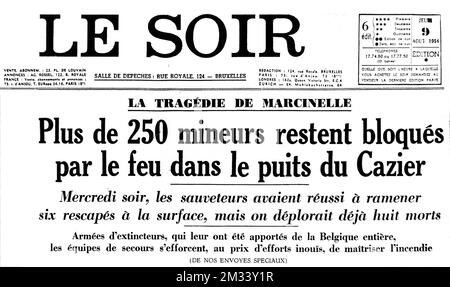 Headline about the Marcinelle mining disaster in Le Soir, French-language Belgian daily newspaper from 1956, Belgium Stock Photo
