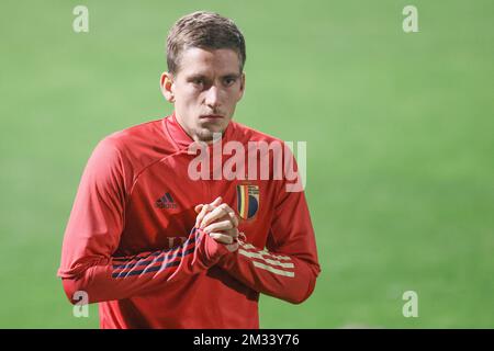 Belgium's Dennis Praet pictured during a training session of the Belgian national soccer team Red Devils, part of the preparations for the upcoming games, Tuesday 10 November 2020 in Tubize. On Wednesday the Devils will meet Switzerland in a friendly game, on Sunday they'll play England in the UEFA Nations League. BELGA PHOTO BRUNO FAHY Stock Photo