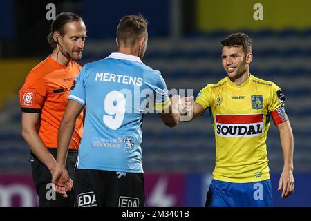 Westerlo's players with 07 Westerlo's Lukas Van Eeno and Westerlo's Bryan  Reynolds celebrate after winning a soccer match between KV Oostende and KVC  Westerlo, Saturday 18 March 2023 in Oostende, on day