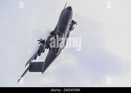 Illustration picture shows the arrival of an A400M transport airplane of the Belgian Defence, at the military airport in Melsbroek, Steenokkerzeel, Tuesday 22 December 2020. In total, Belgium has ordered eight A400M aircraft, one of which is on behalf of Luxembourg, to replace the current C-130s. Capable of conducting tactical missions and strategic flights of up to 5,400 kilometers, the A400M must fill a gap that European armies have repeatedly had to identify in terms of air transport. The aircraft has a length of 45 meters and a wingspan of 42 meters and can not only transport heavy equipme Stock Photo