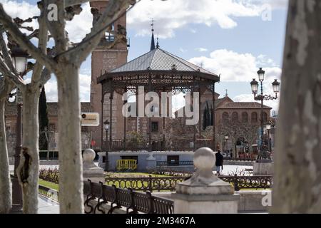 Cervantes Square at sunny day in Alcala de Henares Stock Photo