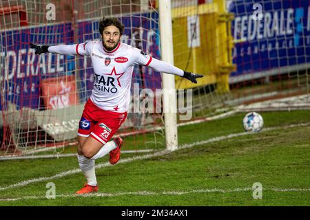 Mouscron's Bruno Xadas Alexandre Vieira Almeida celebrates after scoring during a soccer match between Royal Excel Mouscron and RSC Anderlecht, Tuesday 26 January 2021 in Mouscron, on day 22 of the 'Jupiler Pro League' first division of the Belgian championship. BELGA PHOTO KURT DESPLENTER Stock Photo