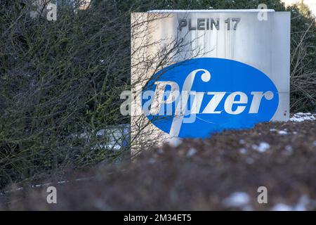 Illustration picture shows the headquarters of pharmaceutical company Pfizer in Elsene - Ixelles, Brussels, Thursday 11 February 2021. BELGA PHOTO NICOLAS MAETERLINCK Stock Photo
