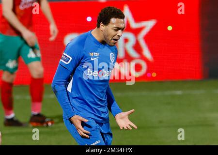 Genk's Cyriel Dessers reacts during a soccer match between KV Oostende and KRC Genk, Wednesday 17 February 2021 in Oostende, a postponed game of day 26 of the 'Jupiler Pro League' first division of the Belgian championship. The game was scheduled for last Saturday, but frost made the pitch unplayable. BELGA PHOTO BRUNO FAHY Stock Photo