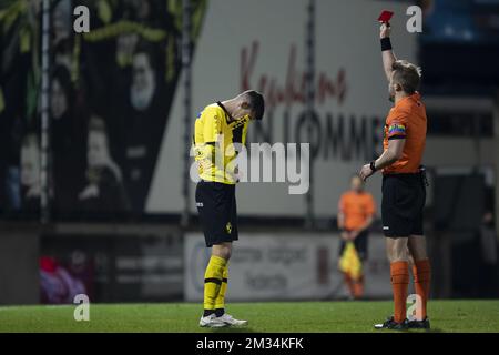 Lierse's Jordy Gillekens receives a red card from the referee during a soccer match between Lierse Kempenzonen and Union Saint-Gilloise, Friday 05 March 2021 in Lier, on day 22 of the 'Proximus League' 1B second division of the Belgian soccer championship. BELGA PHOTO KRISTOF VAN ACCOM Stock Photo
