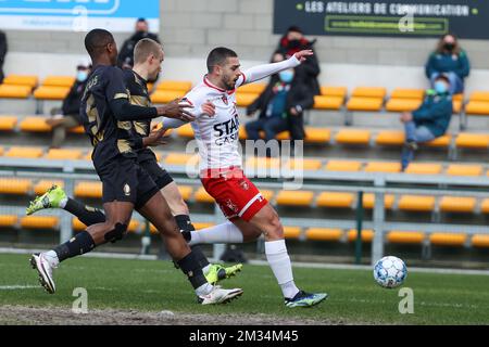 Mouscron's Bruno Xadas Alexandre Vieira Almeida pictured in action during a soccer match between Royal Excel Mouscron and Standard Liege, Sunday 07 March 2021 in Mouscron, on day 29 of the 'Jupiler Pro League' first division of the Belgian championship. BELGA PHOTO DAVID PINTENS Stock Photo