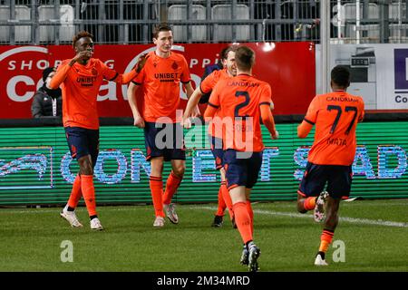 Club's players celebrate during a postponed soccer match between Sporting Charleroi and Club Brugge KV, Friday 12 March 2021 in Charleroi, of day 26 of the 'Jupiler Pro League' first division of the Belgian championship. BELGA PHOTO BRUNO FAHY Stock Photo