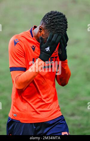 Club's Clinton Mata looks dejected after a postponed soccer match between Sporting Charleroi and Club Brugge KV, Friday 12 March 2021 in Charleroi, of day 26 of the 'Jupiler Pro League' first division of the Belgian championship. BELGA PHOTO BRUNO FAHY Stock Photo