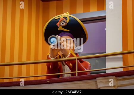 Illustration picture shows a Piet Piraat puppet in the Plopsa hotel in De Panne, Monday 22 March 2021. BELGA PHOTO KURT DESPLENTER Stock Photo