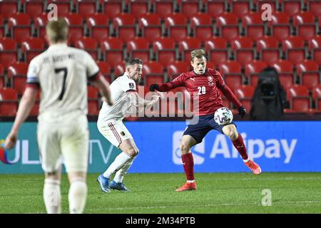 Belgium's Toby Alderweireld and Czech's forward Matej Vydra fight for the ball during the match between the Czech Republic and the Belgian national team Red Devils, Saturday 27 March 2021 in Prague, the Czech Republic, qualification match 2 of 8 in Group E ahead of the World Cup 2022. BELGA PHOTO MICHAL KAMARYT  Stock Photo