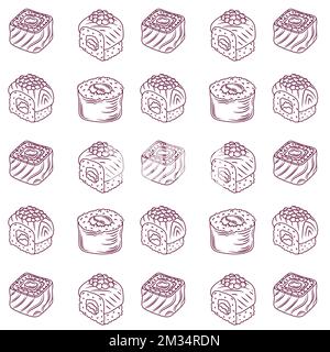 Seamless pattern background with bright cute sushi hand drawn doodles. Stock Vector
