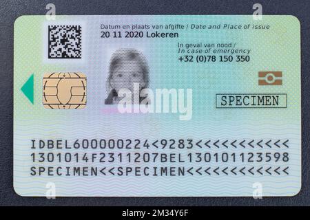 Illustration picture shows a specimen of the new Kids ID during a press moment for the first new Kids identity card, in Schoten city hall, Wednesday 21 April 2021. European Union asked the uniformisation of the kids ID under 12 years old. BELGA PHOTO JONAS ROOSENS Stock Photo