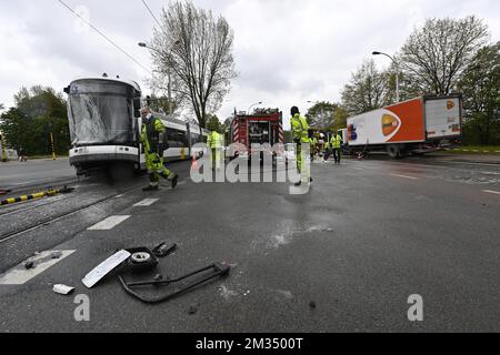 Illustration picture shows the damaged tram at the site of an accident between a tram and a truck, in Hoboken, part of Antwerp, Thursday 29 April 2021. Police have anounced that at least four people have been injured in the collision. BELGA PHOTO DIRK WAEM  Stock Photo