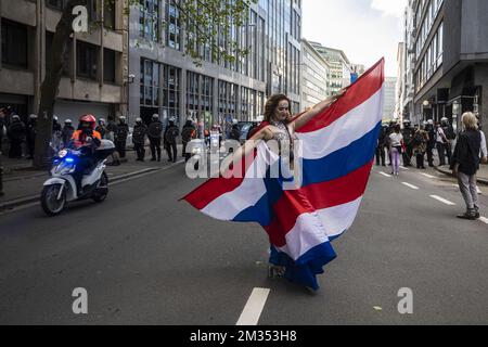 Illustration shows a demonstrator with flags and police to block the 'European Manifestation for Freedom' who decided to go from the Bois de La Cambre - Ter Kamerenbos, to Schuman and European neighborhood in Brussels, Saturday 29 May 2021. The Brussels local police is on standby again at the Bois de la Cambre. As well as a La Boum 3 event, the protest 'European Manifestation for Freedom' is organised at the La Cambre park, possibly with some foreign guests. BELGA PHOTO HATIM KAGHAT  Stock Photo