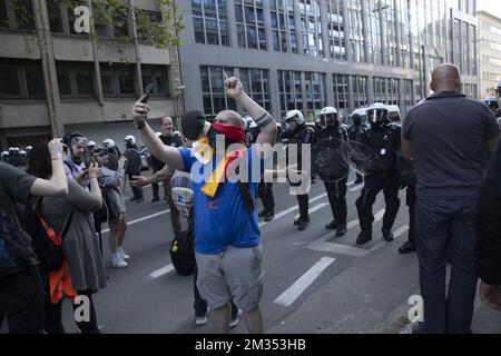 Illustration shows police to block the 'European Manifestation for Freedom' who decided to go from the Bois de La Cambre - Ter Kamerenbos, to Schuman and European neighborhood in Brussels, Saturday 29 May 2021. The Brussels local police is on standby again at the Bois de la Cambre. As well as a La Boum 3 event, the protest 'European Manifestation for Freedom' is organised at the La Cambre park, possibly with some foreign guests. BELGA PHOTO HATIM KAGHAT  Stock Photo