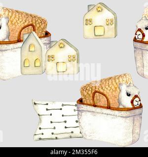 Pattern. Wicker basket, ceramic houses lanterns, pillows, toy lama. Wooden shelf with decorative elements. Watercolor illustration interior of living Stock Photo