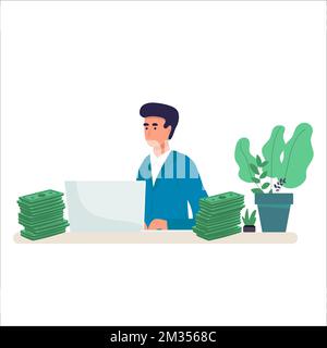 Make money online - Businessman getting paid from computer at home. Vector illustration Stock Vector