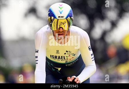 pictured in action during the fifth stage of the 108th edition of the Tour de France cycling race, a 27,2km individual time trial from Change to Laval Espace Mayenne, France, Wednesday 30 June 2021. This year's Tour de France takes place from 26 June to 18 July 2021. BELGA PHOTO DAVID STOCKMAN Stock Photo