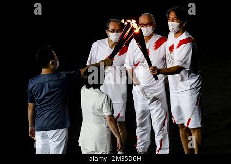 Illustration picture shows the Olympic flame during the opening ceremony of the 'Tokyo 2020 Olympic Games' in Tokyo, Japan on Friday 23 July 2021. The postponed 2020 Summer Olympics are taking place from 23 July to 08 August 2021. BELGA PHOTO ROB WALBERS Stock Photo