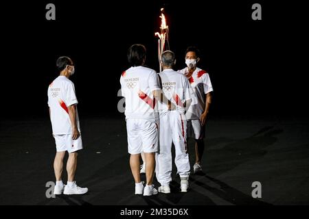 Illustration picture shows the Olympic Flame during the opening ceremony of the 'Tokyo 2020 Olympic Games' in Tokyo, Japan on Friday 23 July 2021. The postponed 2020 Summer Olympics are taking place from 23 July to 08 August 2021. BELGA PHOTO ROB WALBERS Stock Photo