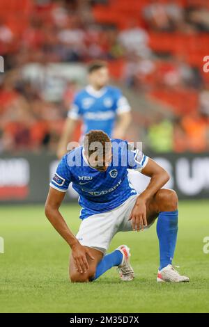 Genk's Cyriel Dessers reacts during a soccer match between Standard de Liege and KRC Genk, Friday 23 July 2021 in Liege, on day 1 of the 2021-2022 'Jupiler Pro League' first division of the Belgian championship. BELGA PHOTO BRUNO FAHY Stock Photo
