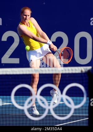 Belgian Tennis player Alison Van Uytvanck pictured in action during the match between Belgian couple Mertens-Van Uytvanck and Spanish couple Muguruza - Suarez Navarro, in the women's doubles tennis tournament, on the second day of the 'Tokyo 2020 Olympic Games' in Tokyo, Japan on Saturday 24 July 2021. The postponed 2020 Summer Olympics are taking place from 23 July to 8 August 2021. BELGA PHOTO BENOIT DOPPAGNE Stock Photo