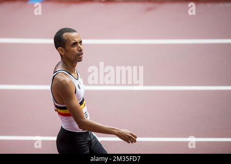 Belgian Athlete Ismael Debjani reacts after the heats of the men's 1500m race at the athletics competition on day 12 of the 'Tokyo 2020 Olympic Games' in Tokyo, Japan on Tuesday 03 August 2021. The postponed 2020 Summer Olympics are taking place from 23 July to 8 August 2021. BELGA PHOTO JASPER JACOBS Stock Photo