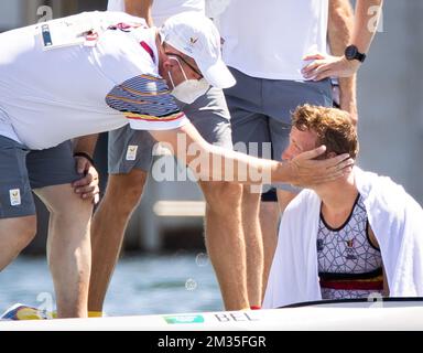 Belgian Thomas Pieters pictured at the end of the semi finals of the Men's Kayak Single 1000m race on day 12 of the 'Tokyo 2020 Olympic Games' in Tokyo, Japan on Tuesday 03 August 2021. The postponed 2020 Summer Olympics are taking place from 23 July to 8 August 2021. BELGA PHOTO BENOIT DOPPAGNE Stock Photo