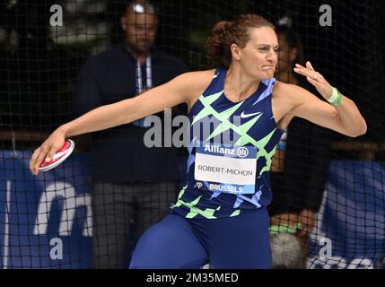 French Melina Robert-Michon pictured in action during the women's discus throw event, part of the 2021 edition of the Memorial Van Damme athletics meeting, Wednesday 01 September 2021 at the Ter Kamerenbos - Bois de la Cambre in Brussels. One event of the meeting, varying year to year, is played a couple of days earlier at a special location. BELGA PHOTO ERIC LALMAND Stock Photo