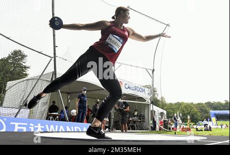 German Kristin Pudenz pictured in action during the women's discus throw event, part of the 2021 edition of the Memorial Van Damme athletics meeting, Wednesday 01 September 2021 at the Ter Kamerenbos - Bois de la Cambre in Brussels. One event of the meeting, varying year to year, is played a couple of days earlier at a special location. BELGA PHOTO ERIC LALMAND Stock Photo