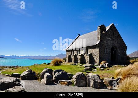 The Church of the Good Shepherd in New Zealand against a blue sky on a sunny day Stock Photo