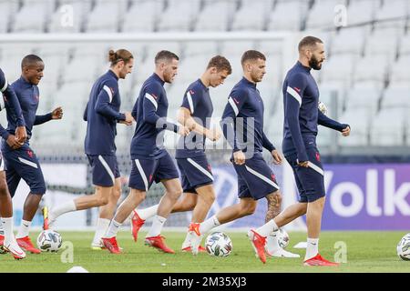 France's players pictured during a training session of the French national soccer team, in Torino, Italy, on Wednesday 06 October 2021. The team is preparing for the semi-finals of the Nations League, against Belgium on Thursday. BELGA PHOTO BRUNO FAHY Stock Photo