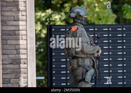 Illustration picture shows heavily armed police officers pictured at the Vives Hogeschool educational institute where a shooter was reportedly spotted in the morning of Thursday 07 October 2021. BELGA PHOTO KURT DESPLENTER Stock Photo