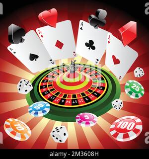 Roulette Table with Various Gambling and Casino Elements like Playing Cards, Dices and Roulette Chips Stock Vector