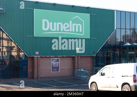 Taken in Rochdale, Greater manchester on 14 Dec 2022. Dunelm shop frontage in green and white writing. Stock Photo