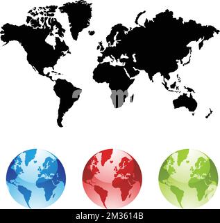 Black World Map and Colorful Globes isolated on a White Background Stock Vector