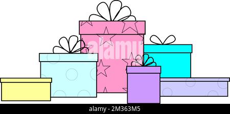 https://l450v.alamy.com/450v/2m363m5/simple-graphic-drawing-of-multicolored-gift-boxes-with-black-outline-in-different-sizes-isolated-element-decor-2m363m5.jpg