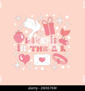 Retro 70s style Love is in the air text, groovy hippie backgrounds.  Stock Vector