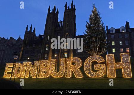 The Mound at Christmas and Hogmanay, Old Town, Edinburgh in lights, capital of Scotland, UK - spelt out in letters Stock Photo