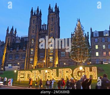 The Mound at Christmas and Hogmanay, Old Town, Edinburgh in lights, capital of Scotland, UK - spelt out in letters Stock Photo