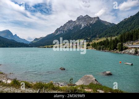 A beautiful view of the Sufnersee reservoir on the Hinterrhein river in the Grisons, Switzerland. Stock Photo