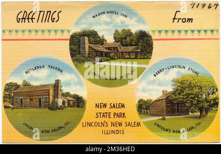 Greetings from New Salem State Park, Lincoln's New Salem, Illinois -- Wagon Wheel Inn, Rutledge Tavern, Berry-Lincoln store , Historic buildings, Tichnor Brothers Collection, postcards of the United States Stock Photo