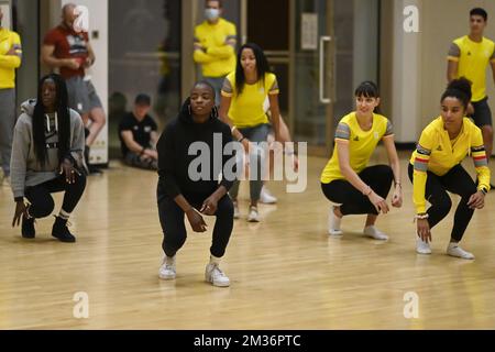 Athlete Anne Zagre, Athlete Cynthia Mbongo Bolingo, Athlete Claire Orcel and Athlete Liefde Schoemaker pictured during a breaking introduction during a training camp organized by the BOIC-COIB Belgian Olympic Committee in Belek Turkey, Monday 15 November 2021. The stage takes place from 13 to 27 November. BELGA PHOTO LAURIE DIEFFEMBACQ Stock Photo