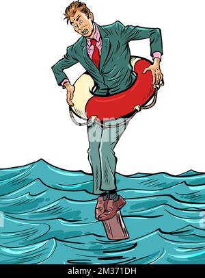 businessman with lifeline, insurance and risks, danger of bankruptcy, right decision Stock Vector