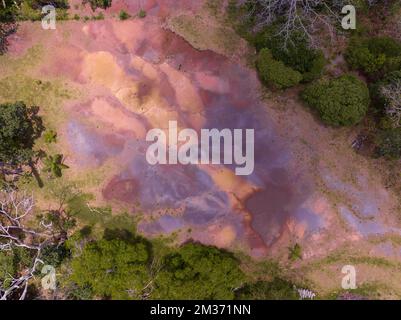 Chamarel Seven Colored Earth Geopark in Riviere noire district. Colorful panoramic landscape about this volcanic geological formation which is one of Stock Photo