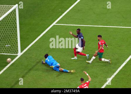 France's Randal Kolo Muani scoring the second goal during the FIFA World Cup Semi-Final match at the Al Bayt Stadium in Al Khor, Qatar. Picture date: Wednesday December 14, 2022. Stock Photo
