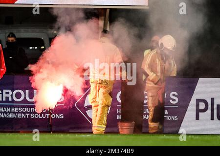 Illustration picture shows firemen in action during a soccer game between Standard Liege and Beerschot, Thursday 02 December 2021 in Liege, in the round of 16 of the 'Croky Cup' Belgian soccer cup. BELGA PHOTO BRUNO FAHY Stock Photo