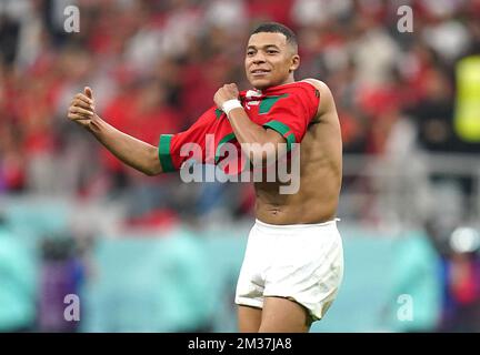 Kylian Mbappe of France exchanges his jersey with Achraf Hakimi of Morocco  following the FIFA World Cup 2022, Semi-final football match between France  and Morocco on December 14, 2022 at Al Bayt