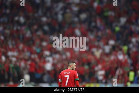 Al Khor, Qatar. 14th Dec, 2022. Hakim Ziyech of Morocco reacts during the Semifinal match between France and Morocco of the 2022 FIFA World Cup at Al Bayt Stadium in Al Khor, Qatar, Dec. 14, 2022. Credit: Li Ming/Xinhua/Alamy Live News Stock Photo